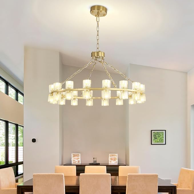 D32 Gold Wagon Wheel Chandeliers 32-Lights Modern Round Chandelier Crystal Chandeliers for Dining Room,Living Room Vintage Chandelier for Foyer Hallway