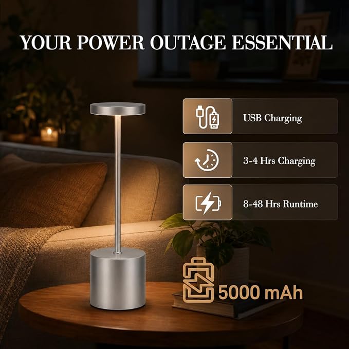AUDLES Silver Rechargeable Table Lamps 2 Pack, Cordless Battery Operated LED Desk Lamp with Touch Control, 3 Color Temperatures, Dimmable Portable Lamps for Bedroom, Dining Room, Patio, Restaurant