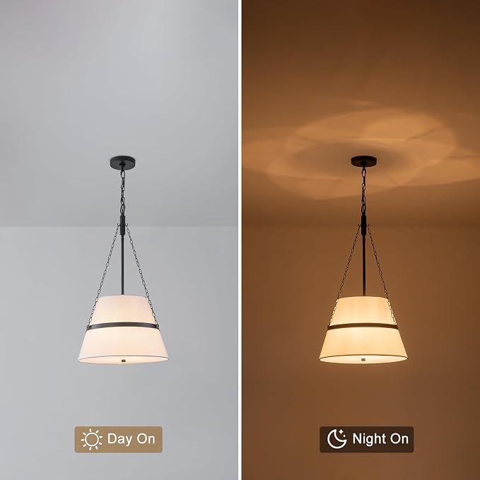 15.35" Black Drum Chandelier, White Linen Pendant Light for Kitchen Island | Modern Transitional, 4-Light, 3 Side Chains, for Dining Room, Breakfast Nook, Home Office, Adjustable Heigh 15.35"W x 28.35"H