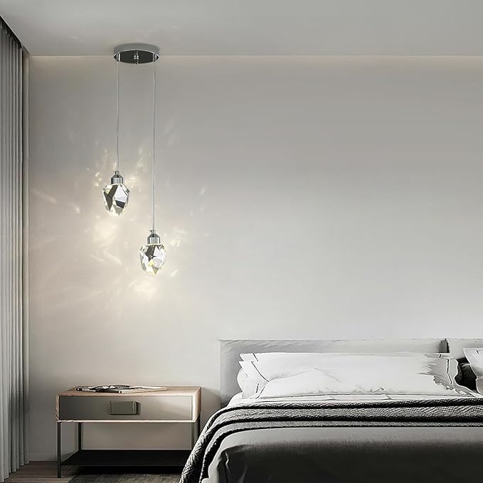 Modern Crystal Pendant Light, Silver Crystal Pendant Light LED 3 Colors for Kitchen Island Bedroom Living Room Dining Room Lighting (Round Base with 2 Heads)