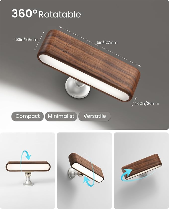 Rechargeable Wall Sconce, Reading Light for Bed, Magnetic Wood Lamp | Bedside Reading, 360° Rotation, Stepless Dimming, 4000K Natural Light, Magnetic Installation for Bedroom Wall Lamps