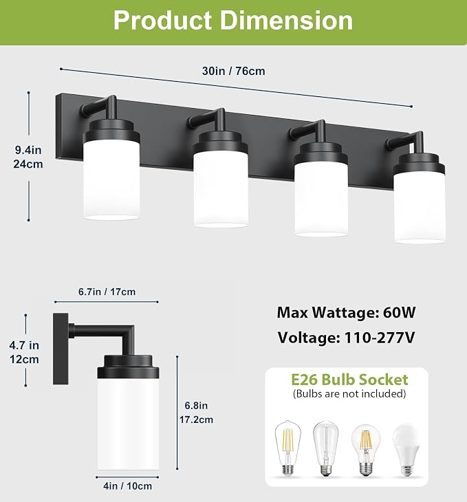 Bathroom Light Fixtures, Matte Black Bathroom Lighting Fixtures Over Mirror, Modern Vanity Light with White Glass Shade, Restroom Lighting Fixtures, 4-Light 30-inch