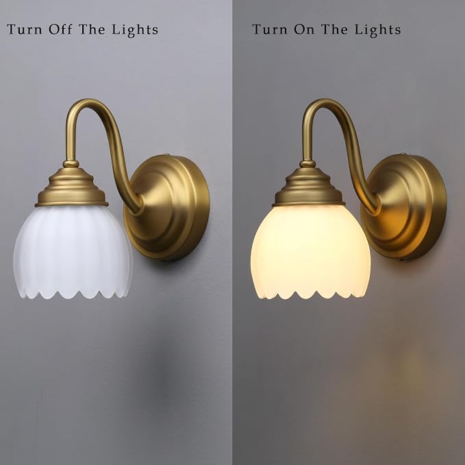 Phansthy Vintage Brass Boho Wall Sconces, Hardwired Wall Lights with Tulip Glass Lampshade, Brass Vanity Lamp Modern Wall Lighting Fixtures for Bedroom, Living Room, Hallway (Antique + White Shade)