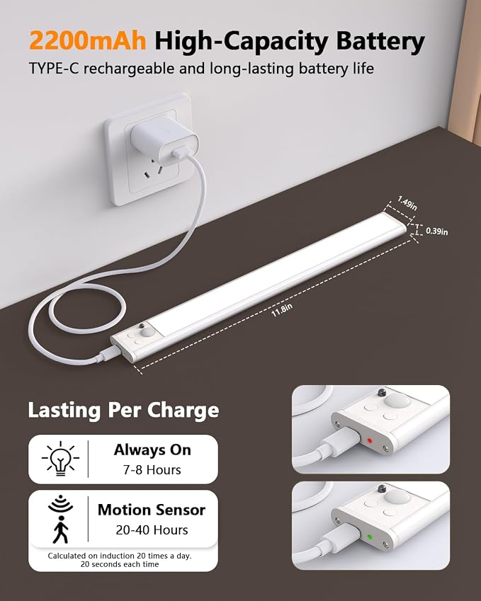 Under Cabinet Lighting,80LED Motion Sensor Light Indoor with Remote,2200mAh Rechargeable Closet Lights Wireless,Dimmable,3Color Temps,Magnetic Under Counter Lights for Kitchen,Stair, 2Pack
