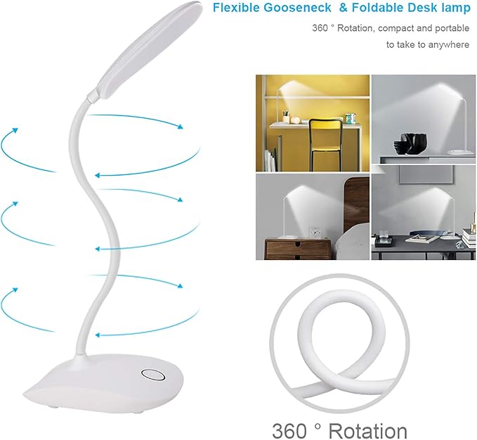 DEEPLITE 2 Pack Desk Lamp with Flexible Gooseneck 3 Level Brightness, Battery Operated Table Lamp 5W Touch Control, Compact Portable Rechargeable Desk lamp for Dorm Study Office Bedroom