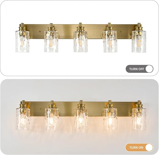 5 Light Bathroom Vanity Light Modern Brushed Gold Bathroom Light Fixtures Over Mirror with Hammered Glass Lampshade for Kitchen Hallway