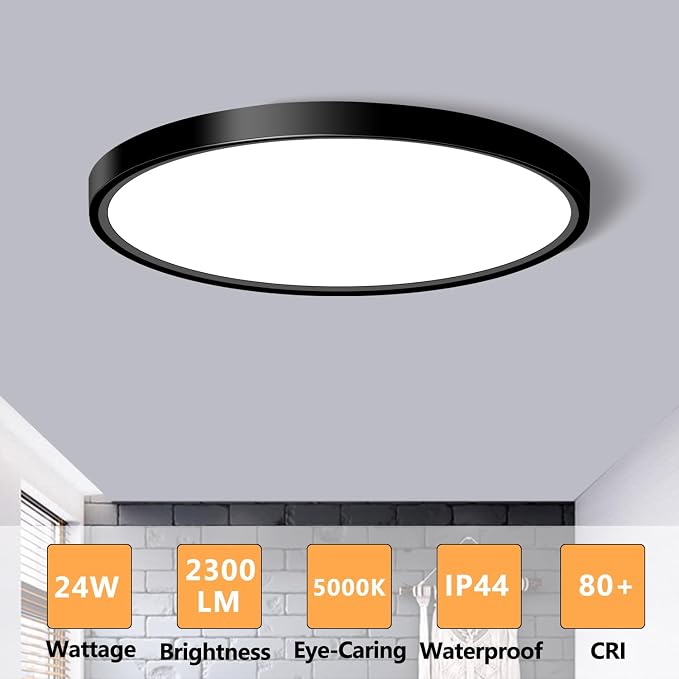 LED Flush Mount Ceiling Light Fixture, 12Inch 24W Led Ceiling Light 5000K 2300LM Ultra Thin Flat Surface Panel Light Low Profile Ceiling Light for Bedroom Kitchen Bathroom Garage Living Room