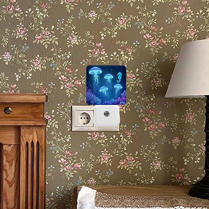 Jellyfish Seahorse LED Night Lights Plug into Wall Blue Underwater World Animal 0.5W Plug in Night Light, Dusk to Dawn, Bright Nightlight Auto On/Off, for Room Bedroom Bathroom
