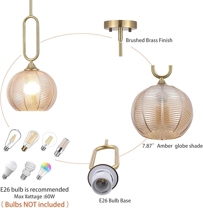 Amber Glass Pendant Light Modern Globe Pendant Lighting Nordic Ribbed Gold Ceiling Hanging Chandelier with Brushed Brass Adjustable Rods Dining Room Kitchen Island Light Fixture
