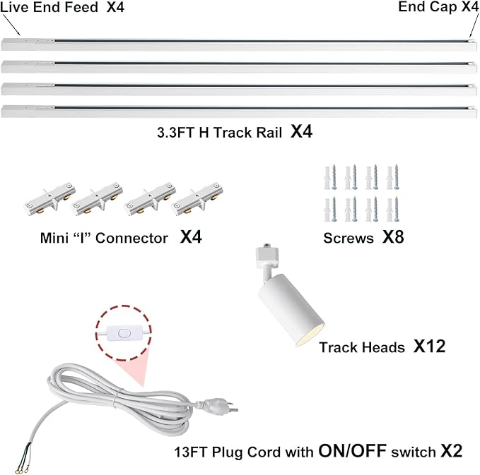 Plug in Track Lighting with Power Cord, 12-Light GU10 Track Lighting Kit with 13FT H Type Track Lighting Rails, Modern Kitchen LED Track Lighting Fixtures Ceiling Spot Light, White (No Bulbs)