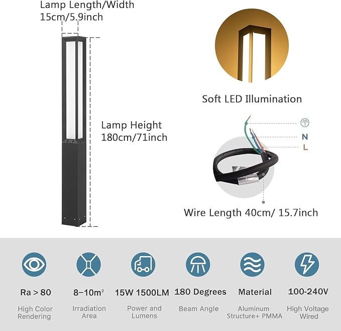 MVBT 71 Inches High Landscape Path Light, Outdoor Modern Luxury LED IP54 Waterproof Landscape Bollard Lighting for Lawn Patio Courtyard Driveway Pathway Decoration with High Voltage Wired