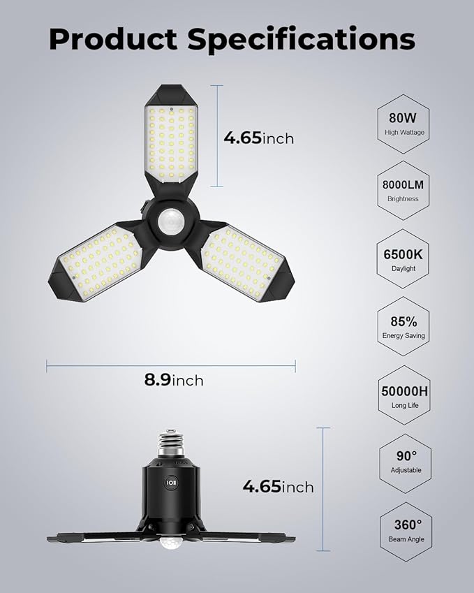 Motion Sensor Garage Light, 8000LM Motion Sensor Shop Light w/ 3 Switch Modes, 6500K Indoor Motion Activated Light Bulb for Garage, Workshop, Laundry Room, Basement (1 Pack)