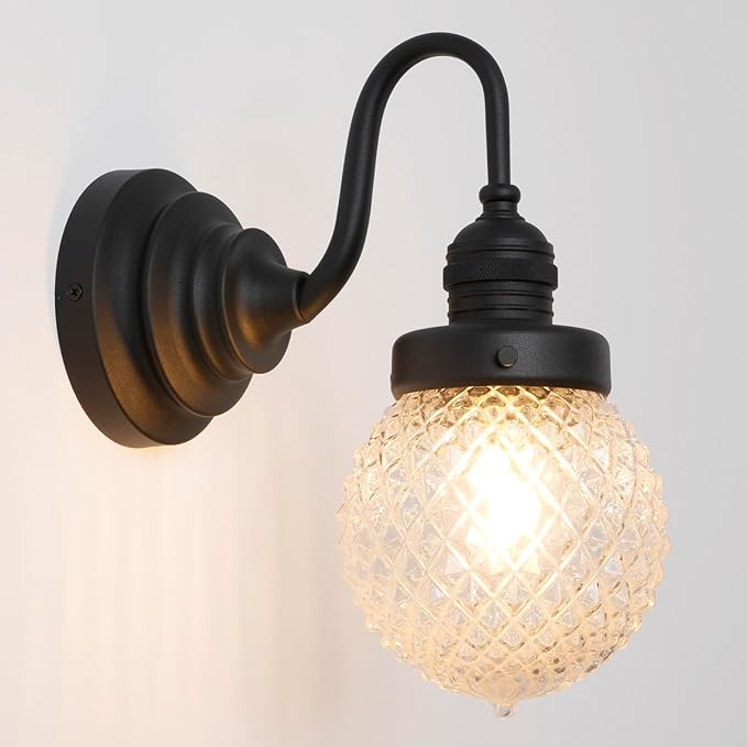 Black Wall Sconce Farmhouse Bathroom Vanity Light,Clear Glass | Vintage,Hardwired Indoor,Hand-Blown Thick Glass,for Bathroom Mirror Kitchen Hallway,UL-Listed E26 Socket
