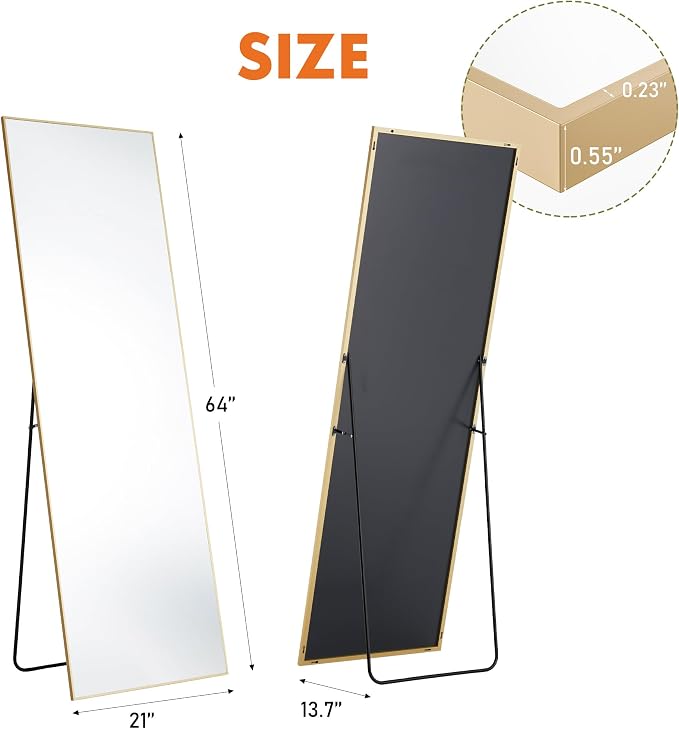 DUMOS Full Length Mirror 64"x21" Full Body Floor Mirror for Bedroom or Cloakroom, Can Stand Alone, Hang or Lean Against Wall, Tall Wall Mirrors with Stand, Gold