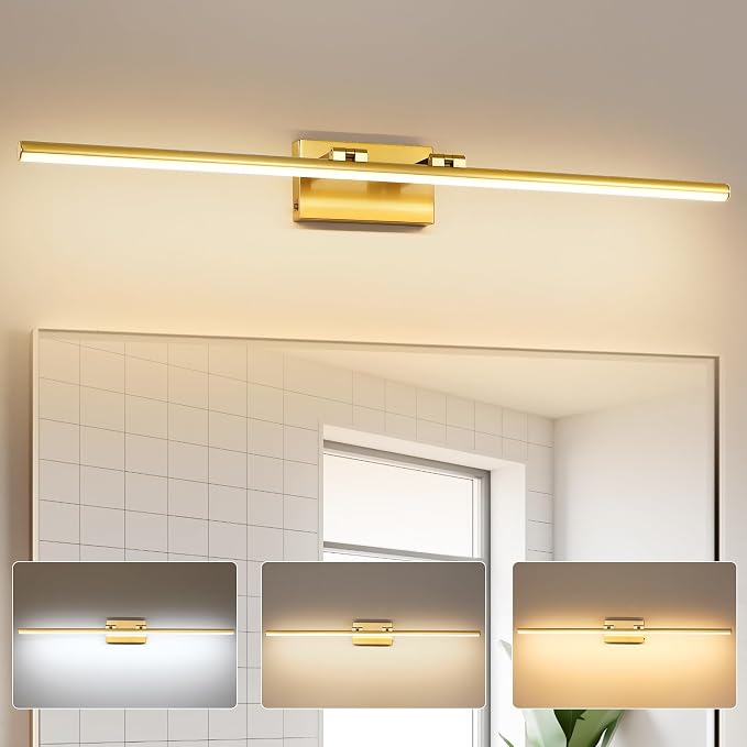 LED Bathroom Vanity Light, Modern Bathroom Light Fixture Over Mirror (3000K/4000K/6000K, Dimmable), Vanity Light Bar with Angle Adjustable, 40 Inch, Brass