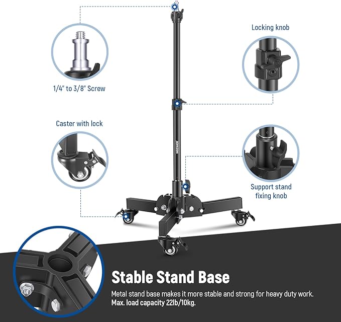 NEEWER Pack of 2 Heavy Duty Light Stands with Wheels, 2.4 Feet Max. Height, Foldable Tripod Stand for Low Angle Shooting, Light Stand for Softbox, Monolight and Other Photography Equipment, ST72