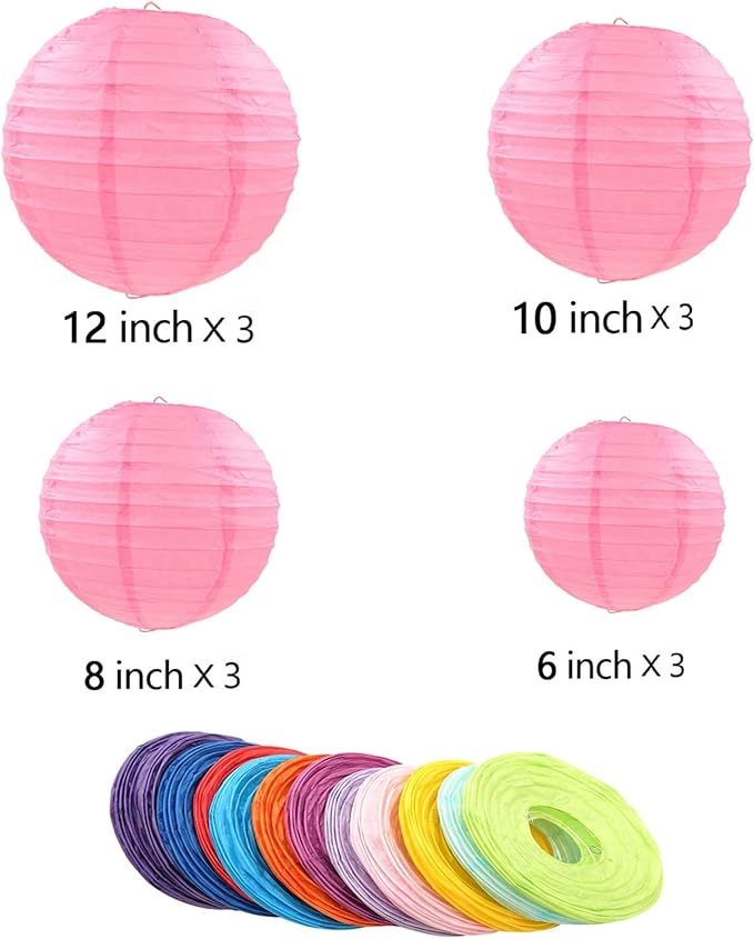12pcs Pink Paper Lanterns with 12pcs White LED Lights, 6" 8" 10" 12" Round Hanging Chinese/Japanese Ball Lantern for Valentine's Day Easter Wedding
