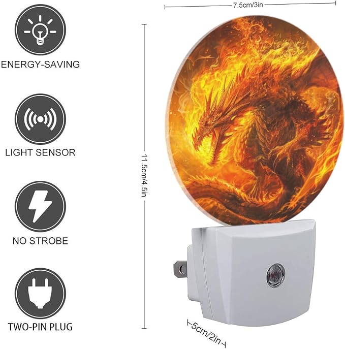 Round LED Night Lights Lamp with Dusk to Dawn Sensor, Fantasy Painting Of Enormous Majestic Dragon Made Out Of Fire Night Light Plug Into Wall for Kids Room, Bedroom, Bathroom, Kitchen, Hallway