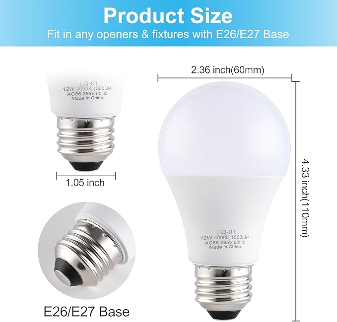 4PK 4000K,Garage Door Opener Light Bulbs, 1500LM Ultra Bright, Minimize Interference, Compatible with Most Garage Door Openers, 12W, 120V, A19 Bulbs with E26 Base