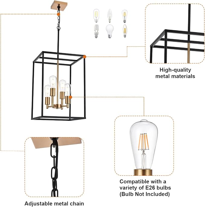 Retro 4 Light Large Farmhouse Chandelier Rustic Dining Room Lighting Fixtures Hanging in Black and Brushed Brass Finish Metal Square Cage Pendant Lighting for Kitchen Island