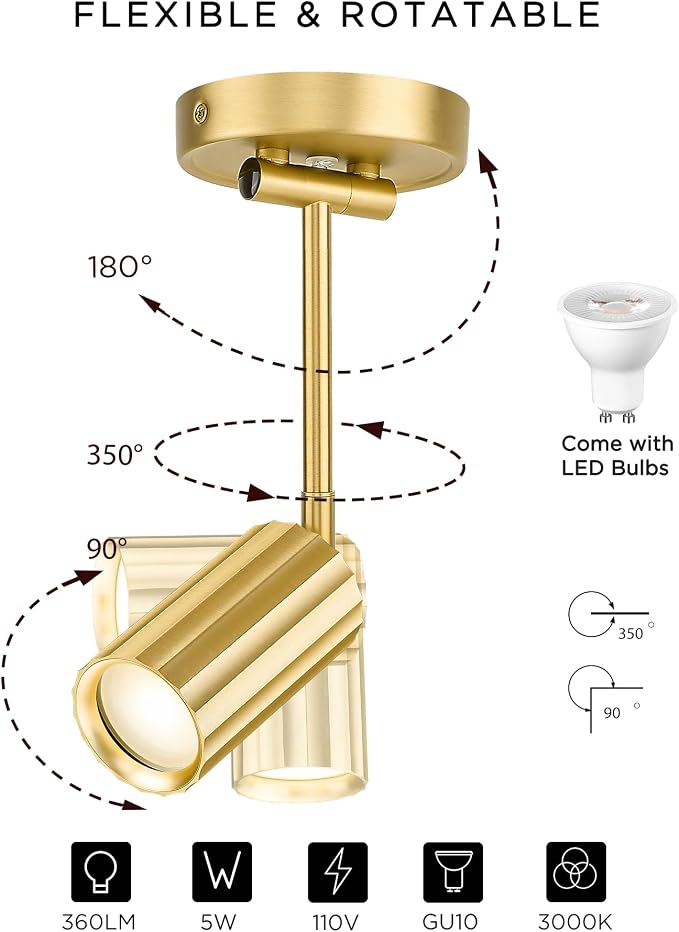 FEMILA LED Track Lighting Fixtures, Bulb Included, Brushed Gold | Swing arm wall sconce adjustable-length, GU10 base wall or ceiling mounting for study, living room, bedside