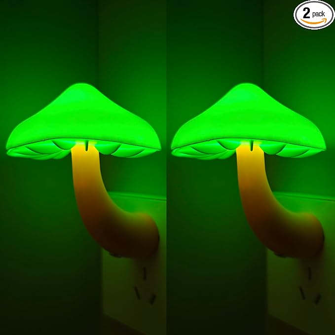 LED Mushroom Night Light Plug in Lamp, 2 Pack Night Lights Plug into Wall, Dusk to Dawn Sensor NightLight for Adults Kids Room Bedroom Bathroom Hallway Kitchen Green