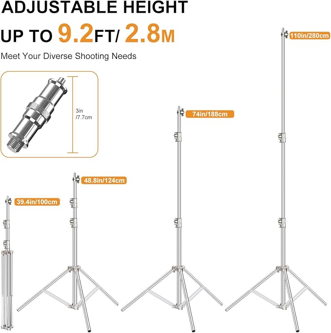 9.2 FT Stainless Steel Photography Stand, Heavy Duty Tripod With 1/4" to 3/8" Screw Adapter for Strobe, LED Video Light, Ring Light, Monolight, Softbox