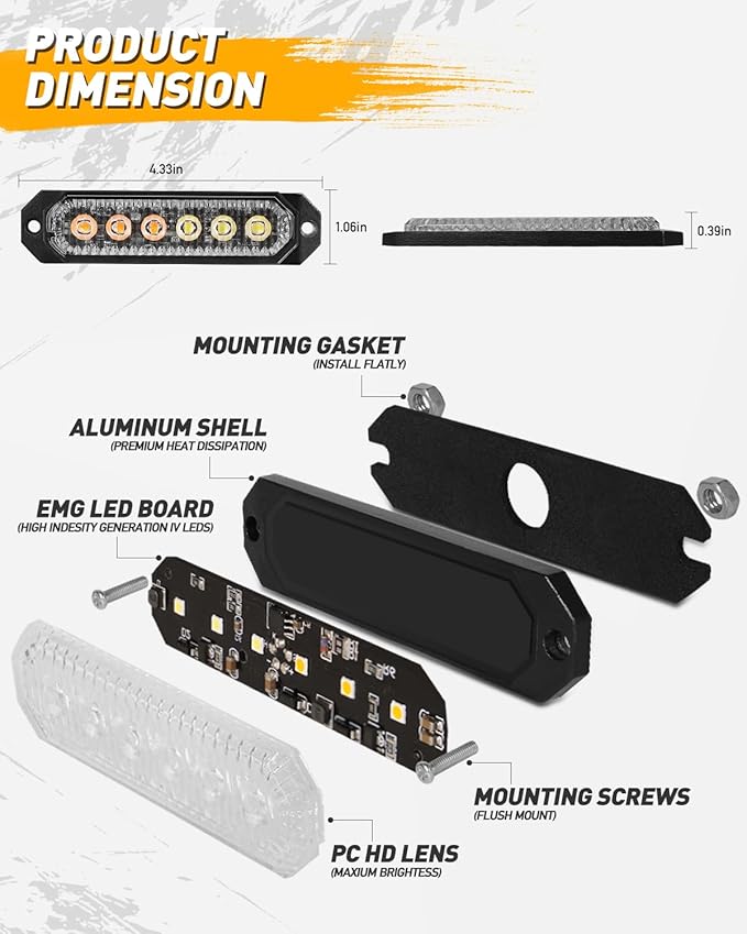 HLauto 406T Emergency Strobe Grille Lights: 4Pcs 6 LED Sync Feature Safety Warning Flashing Light, 12V-24V Ultra Slim Surface Mount Hazard Caution Light for Truck, Vehicle, Car, ATV, UTV (Amber Green)