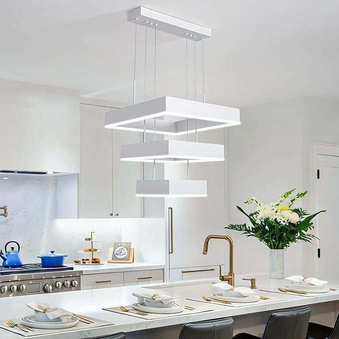 O'NEELDY Modern Chandelier White Pendant Lights Square LED Dining Room Light Fixture Height Adjustable Kitchen Island Lighting 3 Rings Flush Mount Chandeliers for Living Room,Bedroom,Dining Table
