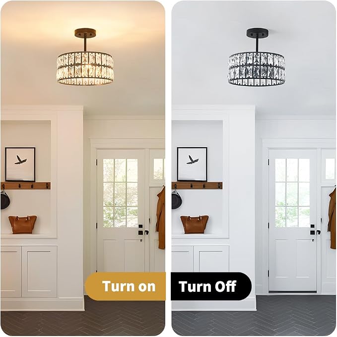 Matte Black Crystal Ceiling Light, Modern Semi Flush Mount Ceiling Lighting, Hallway Lighting Fixtures, Small Chandelier Light Fixture for Kitchen Entryway Bedroom Dining Room, 3-Light, 12 Inch