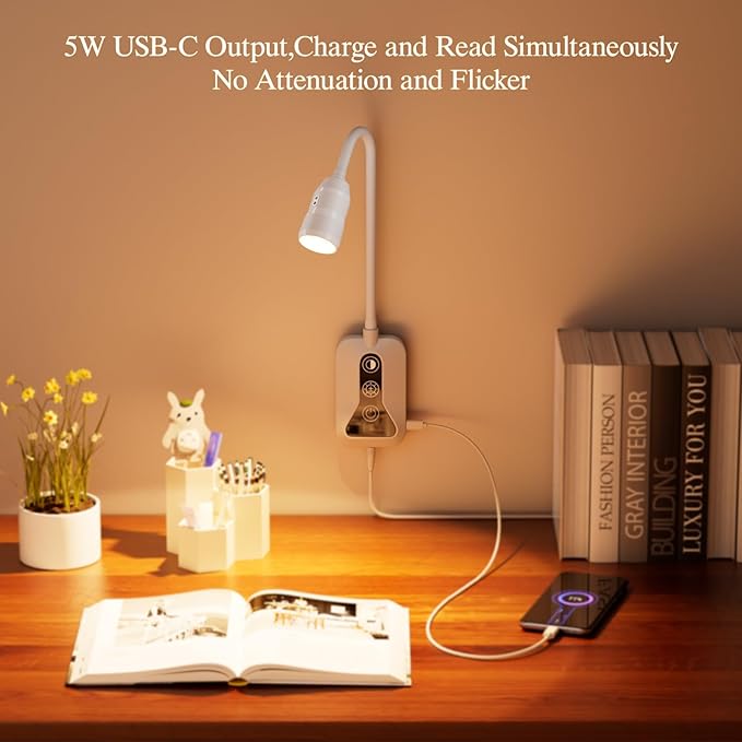 Wall Mounted Reading Light, Wall Light with Motion Sensor Switch, 5 Dimmable & Color Temperature Adjustable, USB-C Output, Flexible Neck Book Light for Bed, Sofa, Desk,Dorms, Heaboard