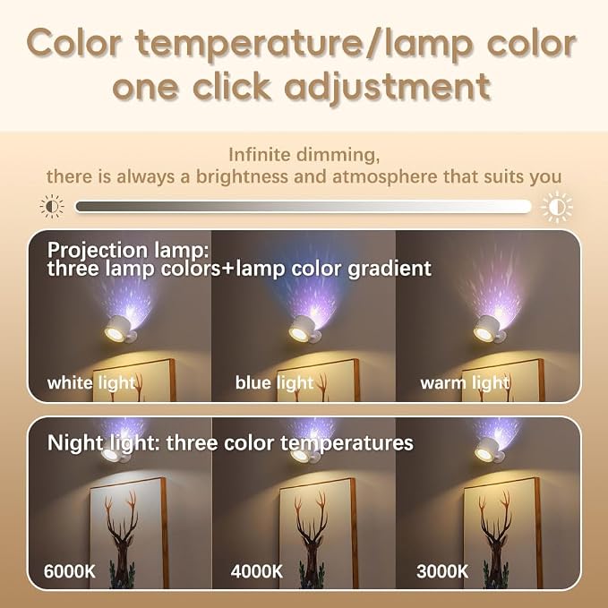 LED Wall Mount Light with Projection Rechargeable Wall Light, 3 Color Temperatures, Remote Control and Touch, 360° Rotating Dimmable Cordless Wall Light for Study Bedroom Reading Bedside (black)
