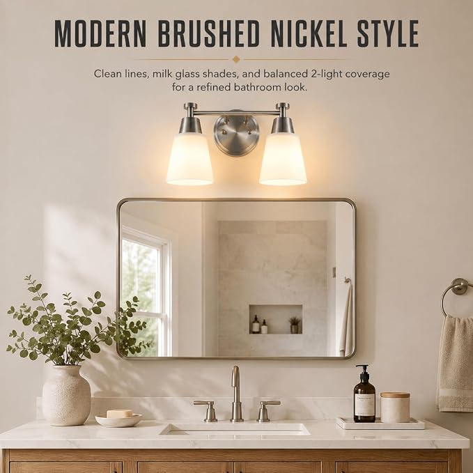 2-Light Bathroom Vanity Light, Brushed Nickel Finish with Milk Glass Shades, Over Mirror, for Bathroom Vanity