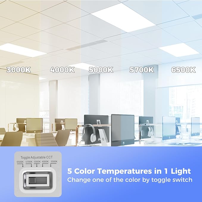 2x4 LED Flat Panel Light, 9100LM Recessed Drop Ceiling Light 2Pack | 0-10V Dimmable,Selectable 5 CCT 3000K/4000K/5000K/5700K/6500K, 5 Wattages 30W/40W/50W/60W/70W, for Office and Kitchen