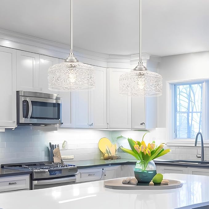 Modern Brushed Nickel Pendant Lights Kitchen Island, Bathroom Pendant Light with Clear Glass, Pendant Lighting over Island with Adjustable Rod, Farmhouse Hanging Light for Dining Room Hallway, E26