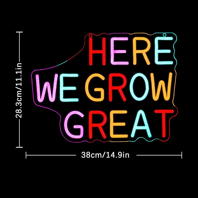 Here We Grow Great Neon Sign for Wall Decor Classroom Neon Light Plant LED Sign Colorful Letter Neon Light Sign for Classroom Bar Home shop Decoration