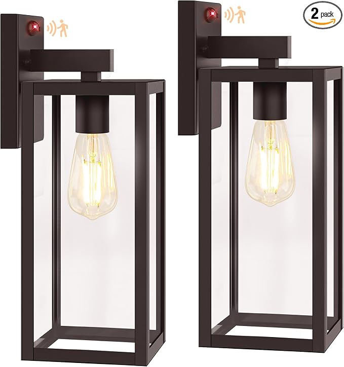 2-Pack 15” Upgraded Motion Sensor Outdoor Wall Lights, Brown | Auto ON/OFF, 3 Lighting Modes, Waterproof, Rust-Resistant, Durable Metal & Clear Glass, Standard E26 Sockets, Easy to Install