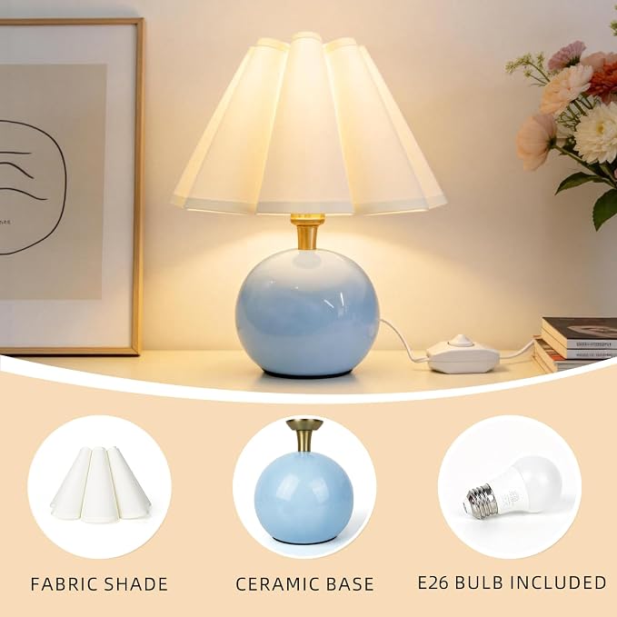 Small Bedside Table Lamp, 11.8'' Ceramic Stepless Dimmable Lamp (Blue) | with scalloped fabric shade for nightstand & living room. Perfect for quiet nights to create a cozy, relaxing atmosphere