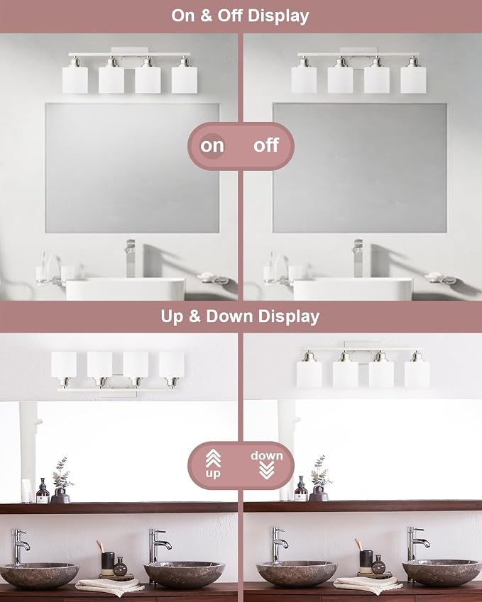 4-Light Bathroom Light Fixtures Over Mirror, Glass Shade & Anti-Rust Nickel Finished,Brushed Nickel Vanity Lights, Modern Bathroom Vanity Light, Bathroom Light for Small Space