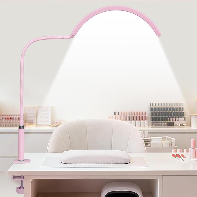 Professional Half Moon LED Desk Light for Nail Techs & Artists – Flexible Gooseneck Lamp with Clamp, 3 Color Modes & 5 Brightness Levels for Manicure, Tattoo, Beauty Work