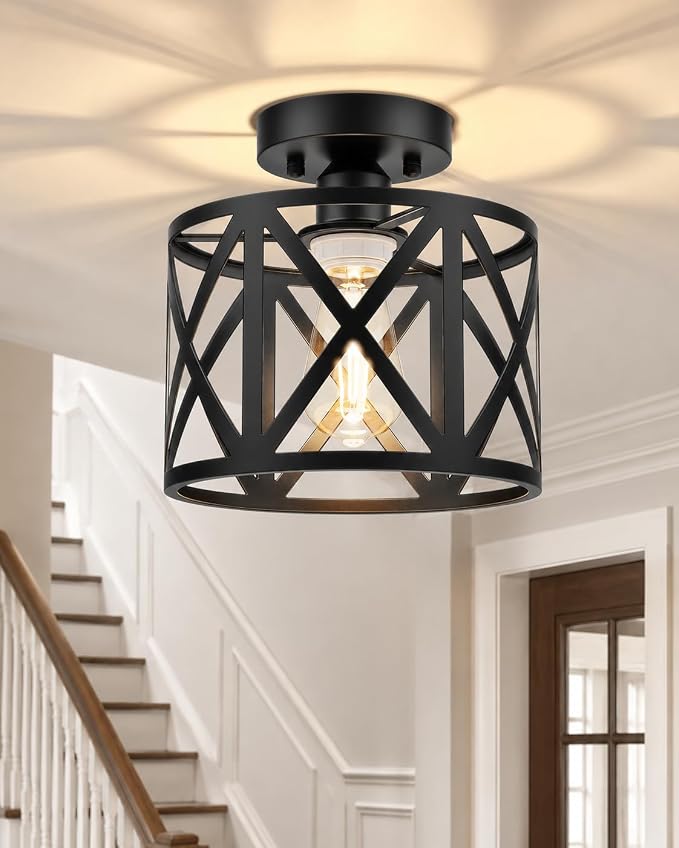 Farmhouse Semi Flush Mount Ceiling Light Fixture E26 Metal Cage Industrial Ceiling Lighting for Kitchen, Bedroom, Foyer, Entryway, Laundry Room, Dining Room, Hallway 8 Inch Black