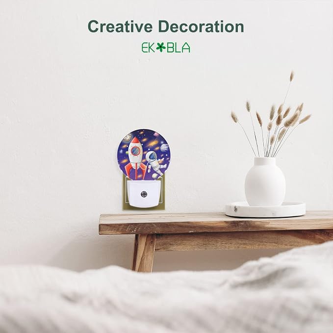 EKOBLA Astronaut Night Light, Space Rocket and Planet Cartoon Night Lights Plug Into Wall with Auto Sensor for Boys Bedroom