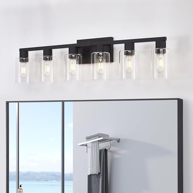 6 Light Bathroom Vanity Light, Matte Black Vanity Light Fixtures, Large Vanity Lights for Bathroom, Farmhouse Light Fixtures with Clear Glass Shade for Bathroom Over Mirror