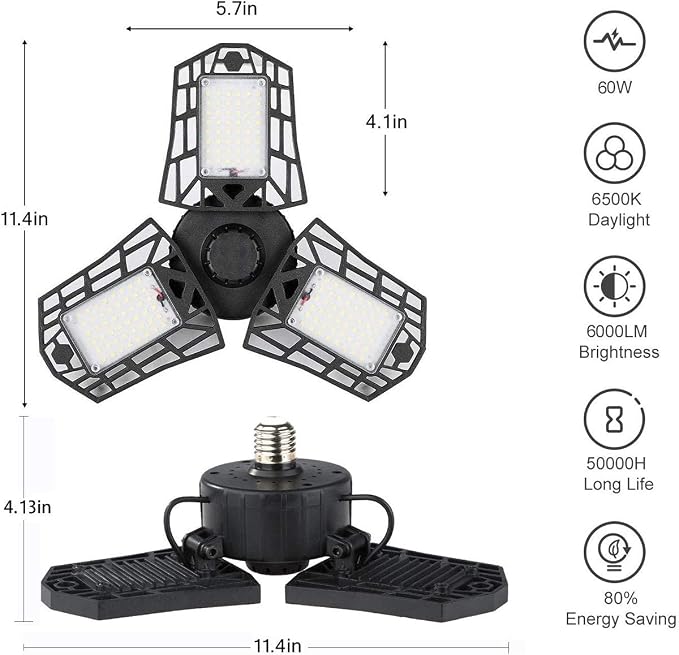 LED Garage Lights 4 Pack - 6000 Lumen 6500K Daylight 60W, Three Leaf Led Garage Ceiling Lights