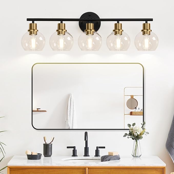 5-Light Bathroom Vanity Light, Black and Gold Bathroom Light Fixtures with Clear Glass Globe Shades, Modern Vanity Lighting Over Mirror for Bathroom, Kitchen, Living Room, Hallway, Bedroom, Porch