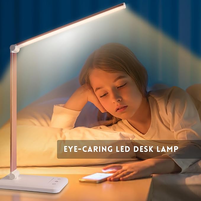 Desk Lamp, LED Desk Light with 10 Brightness Levels, 5 Color Temperatures, USB Power, Foldable Dimmable Table Lamp, Timer & Memory, Touch Control, Eye Caring Lamp for Reading Work Study Nail
