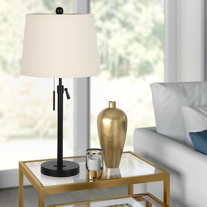 Black Bedside Lamp Tall Table Lamp 22" to 30" Adjustable Height 3 Brightness Way Nightstand with Beige Linen Shade Pull Chain Pole Lights for Living Room Guest Bedroom End Table(Bulb Included, Single)
