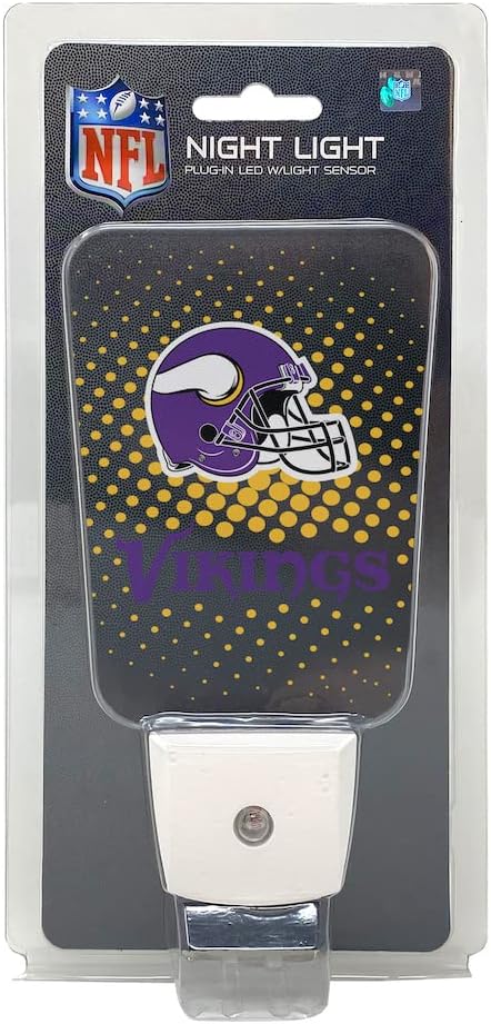 Party Animal NFL Team LED Night Light, with Auto Sensor and 3 Light Settings, Slim 5-Inch Design fits Standard Outlets, Minnesota Vikings