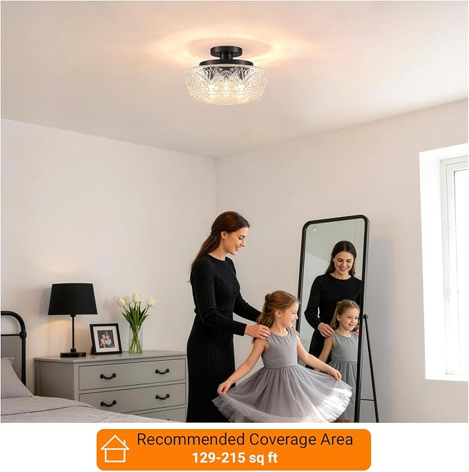Daunton 3 Light Semi Flush Mount Ceiling Light Fixtures, Matte Black Hallway Light Fixtures with Thickened Glass, Vintage Ceiling Light Fixture for Bedroom Closet Entryway Bathroom Kitchen, E26*3