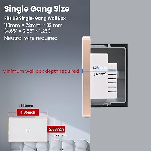 WiFi Energy Monitoring Smart Light Switch,Single Pole 1-Button,Neutral Wire Required,2.4GHz,Compatible with Alexa,Tuya/Smart Life App,Single-Gang,Aluminum Frame 2.5D Glass Panel,White